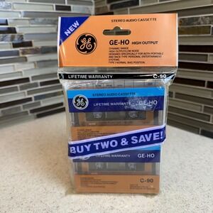 NEW GE GE-HO High Output C-90 Blank Audio Cassette Tapes 90 mins. Normal 2pk NOS